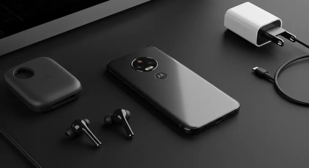 Fx Flat lay professional shot of Motorola Edge 60 Fusion 5G with accessories on minimal desk setup realistic lighting 2