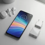 Fx Flat lay professional shot of Motorola Edge 60 Fusion 5G with accessories on minimal desk setup realistic lighting 3