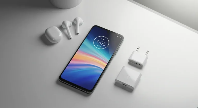 Fx Flat lay professional shot of Motorola Edge 60 Fusion 5G with accessories on minimal desk setup realistic lighting 3