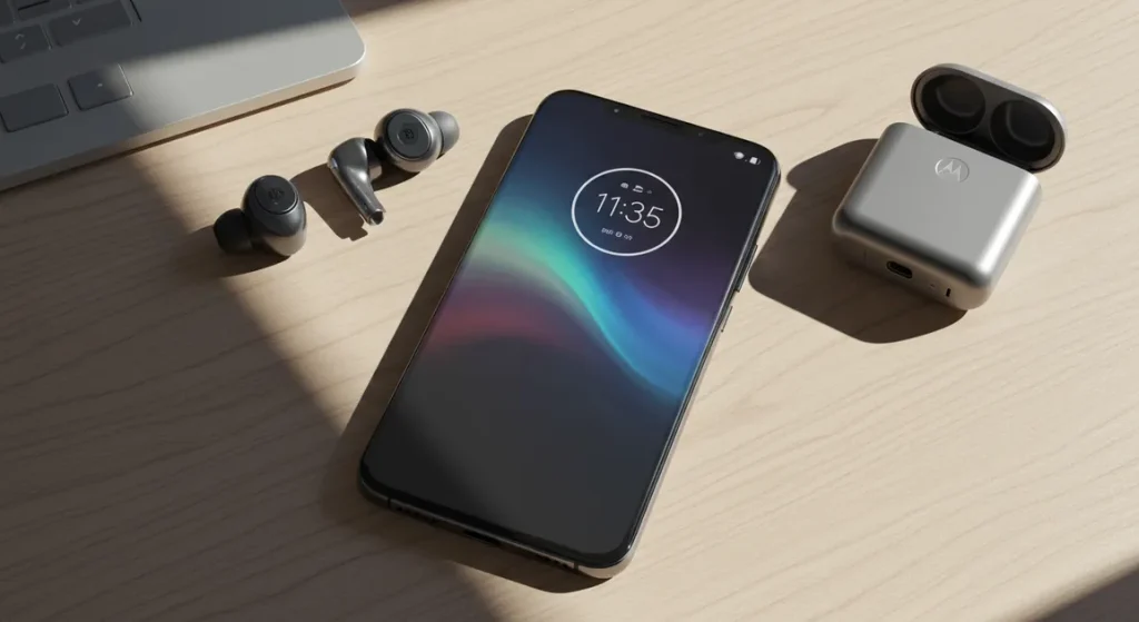 Fx Flat lay professional shot of Motorola Edge 60 Fusion 5G with accessories on minimal desk setup realistic lighting 4