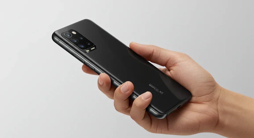 Fx Hand holding Xiaomi Redmi Note 13 Pro Plus 5G demonstrating size and ergonomics clean background natural skin tones professional commercial photography 1