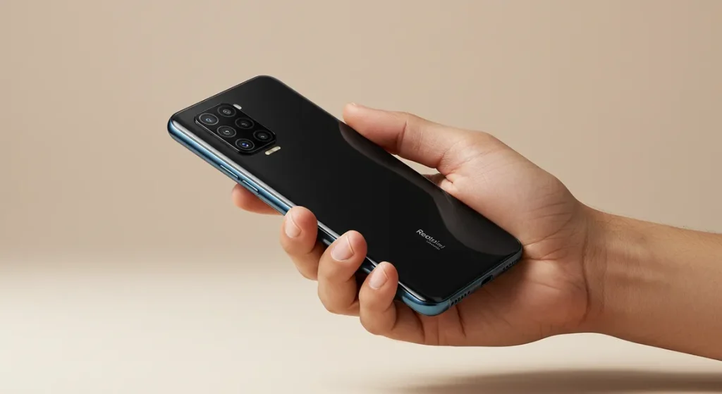 Fx Hand holding Xiaomi Redmi Note 13 Pro Plus 5G demonstrating size and ergonomics clean background natural skin tones professional commercial photography 2