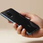 Fx Hand holding Xiaomi Redmi Note 13 Pro Plus 5G demonstrating size and ergonomics clean background natural skin tones professional commercial photography 2