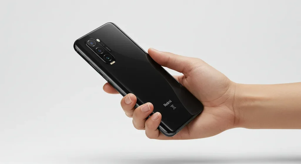 Fx Hand holding Xiaomi Redmi Note 13 Pro Plus 5G demonstrating size and ergonomics clean background natural skin tones professional commercial photography 3