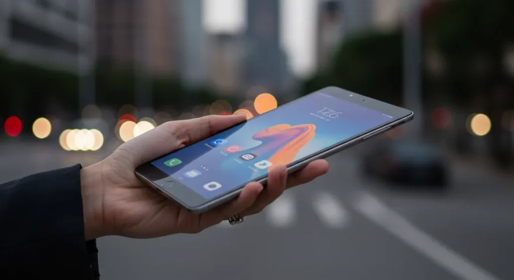 Fx Hand holding a Xiaomi Mi Pad in portrait mode against a blurred urban background emphasizing portability and modern lifestyle 1