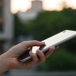 Fx Hand holding a Xiaomi Mi Pad in portrait mode against a blurred urban background emphasizing portability and modern lifestyle 2