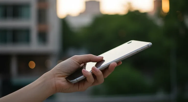 Fx Hand holding a Xiaomi Mi Pad in portrait mode against a blurred urban background emphasizing portability and modern lifestyle 2
