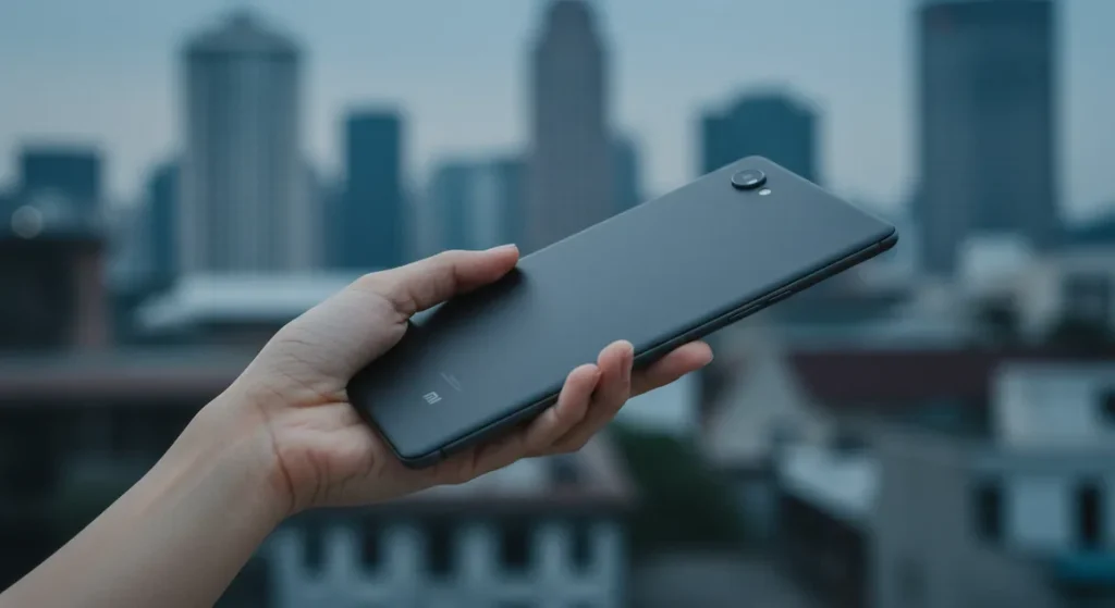 Fx Hand holding a Xiaomi Mi Pad in portrait mode against a blurred urban background emphasizing portability and modern lifestyle 3