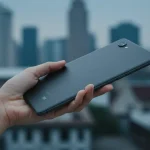 Fx Hand holding a Xiaomi Mi Pad in portrait mode against a blurred urban background emphasizing portability and modern lifestyle 3