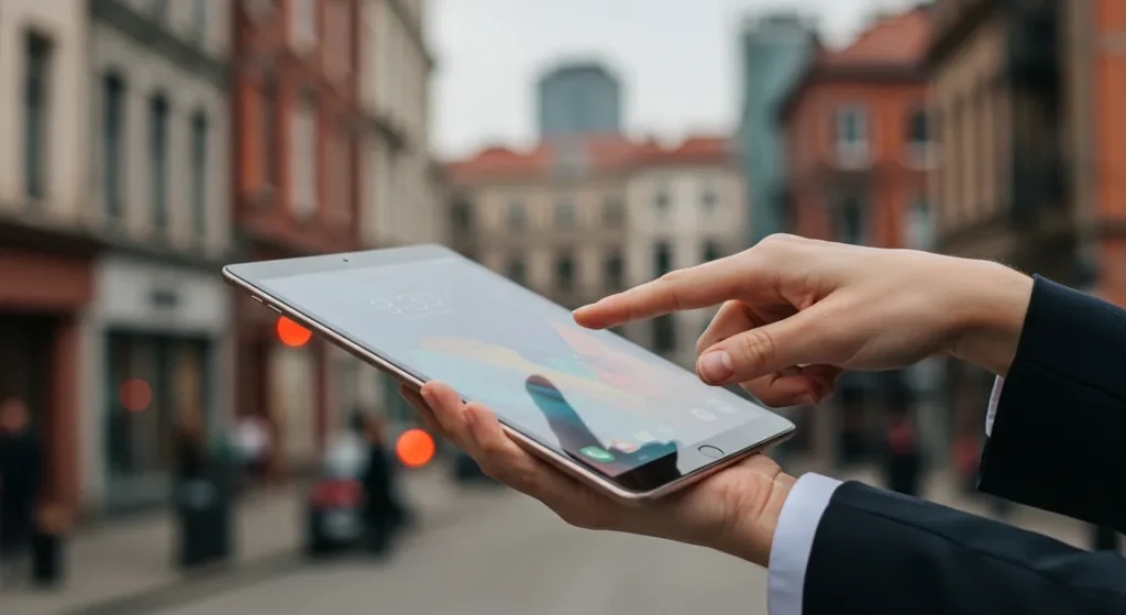 Fx Hand holding a Xiaomi Mi Pad in portrait mode against a blurred urban background emphasizing portability and modern lifestyle 4