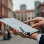 Fx Hand holding a Xiaomi Mi Pad in portrait mode against a blurred urban background emphasizing portability and modern lifestyle 4