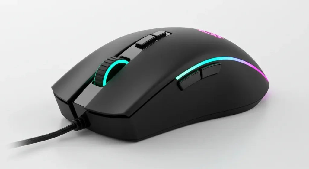 Fx High quality studio photograph of a Redragon Cobra Pro gaming mouse on a clean white background professional lighting sharp focus on the RGB lighting strips and dragon logo 1