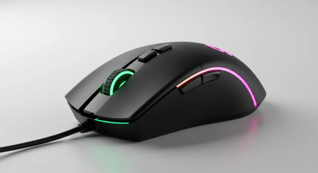 Fx High quality studio photograph of a Redragon Cobra Pro gaming mouse on a clean white background professional lighting sharp focus on the RGB lighting strips and dragon logo 3