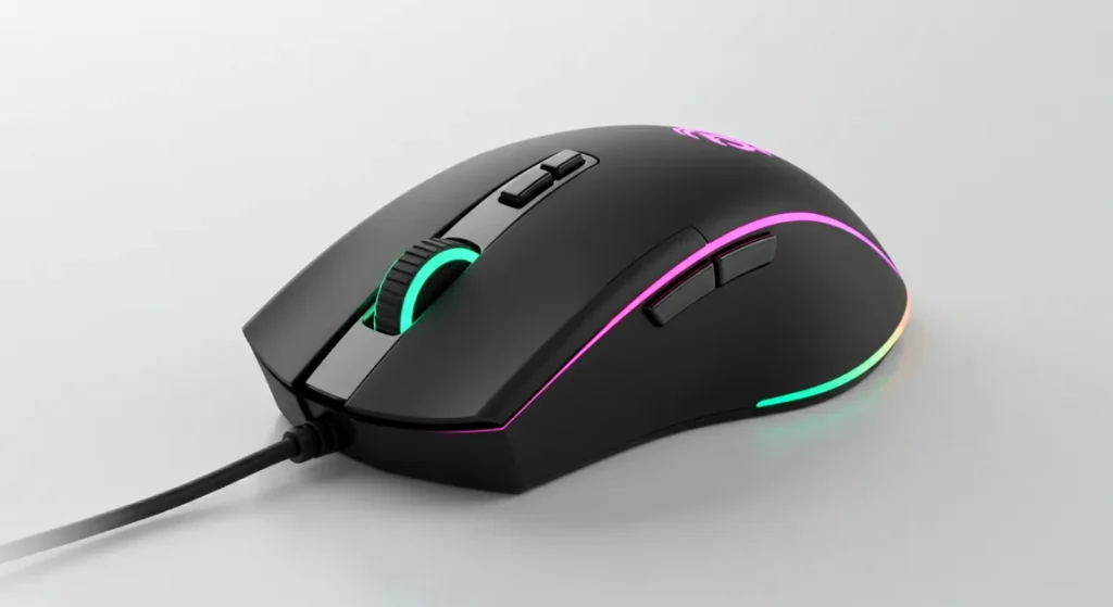 Fx High quality studio photograph of a Redragon Cobra Pro gaming mouse on a clean white background professional lighting sharp focus on the RGB lighting strips and dragon logo 4