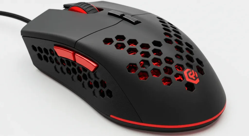 Fx High resolution product shot of Redragon Cobra Pro gaming mouse showing the honeycomb ventilation pattern on the sides detailed texture 1