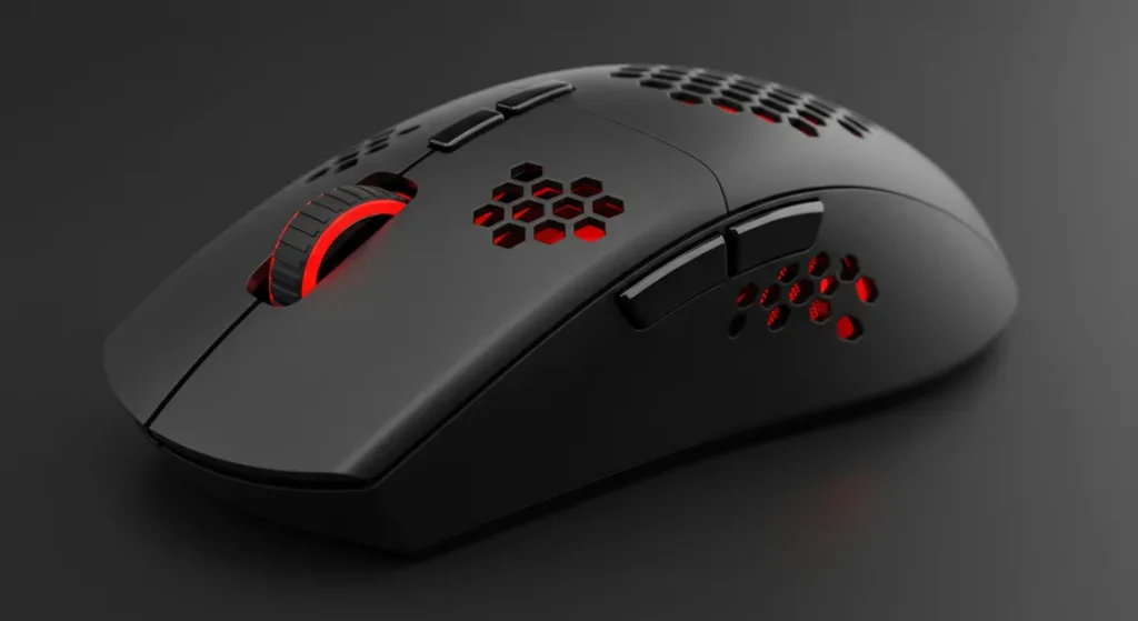 Fx High resolution product shot of Redragon Cobra Pro gaming mouse showing the honeycomb ventilation pattern on the sides detailed texture 2
