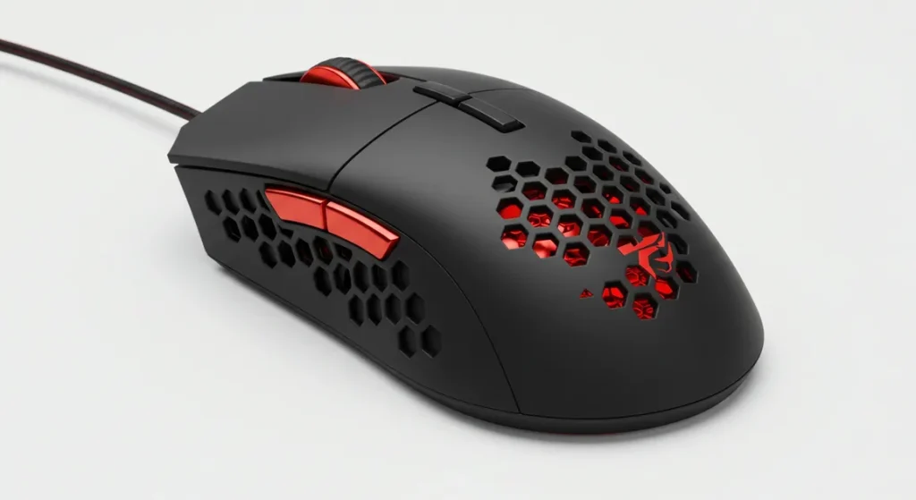 Fx High resolution product shot of Redragon Cobra Pro gaming mouse showing the honeycomb ventilation pattern on the sides detailed texture 4