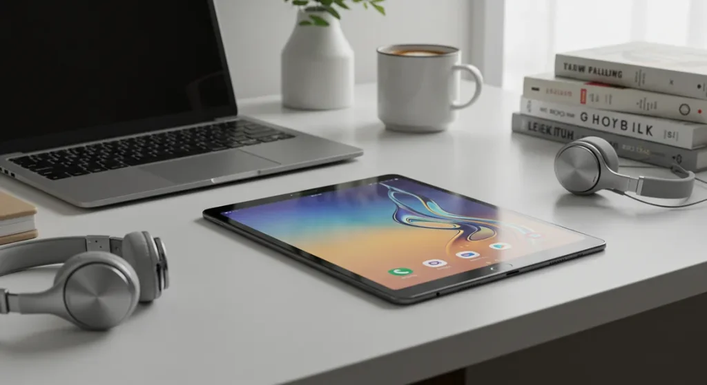 Fx Lifestyle shot of Samsung Galaxy Tab S6 on designer workspace with modern accessories 1