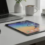 Fx Lifestyle shot of Samsung Galaxy Tab S6 on designer workspace with modern accessories 1