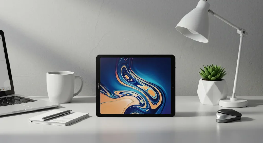 Fx Lifestyle shot of Samsung Galaxy Tab S6 on designer workspace with modern accessories 2