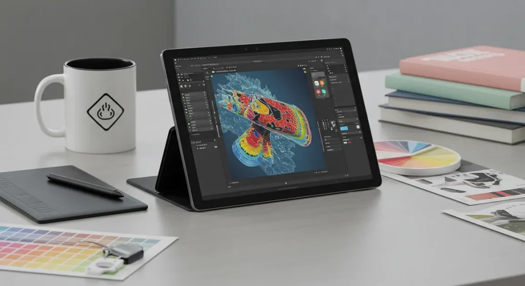 Fx Lifestyle shot of Samsung Galaxy Tab S6 on designer workspace with modern accessories 3