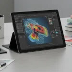 Fx Lifestyle shot of Samsung Galaxy Tab S6 on designer workspace with modern accessories 3