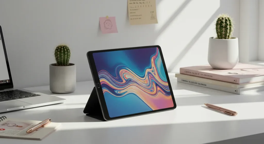 Fx Lifestyle shot of Samsung Galaxy Tab S6 on designer workspace with modern accessories 4