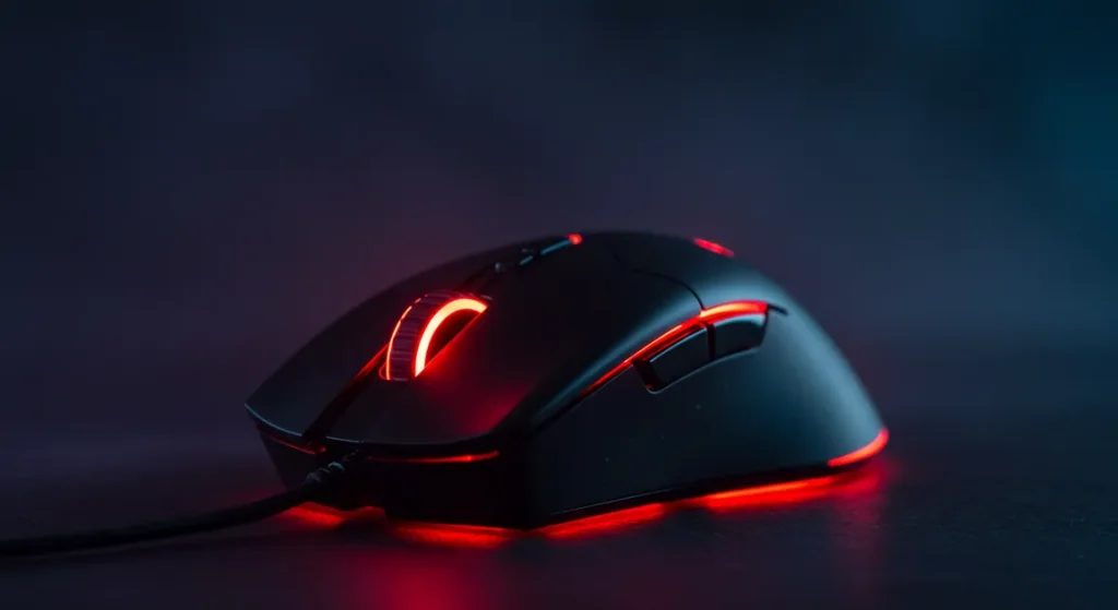 Fx Low angle dramatic shot of a Redragon Cobra Pro gaming mouse with red RGB accent lighting dark moody background gaming atmosphere 1