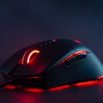 Fx Low angle dramatic shot of a Redragon Cobra Pro gaming mouse with red RGB accent lighting dark moody background gaming atmosphere 1