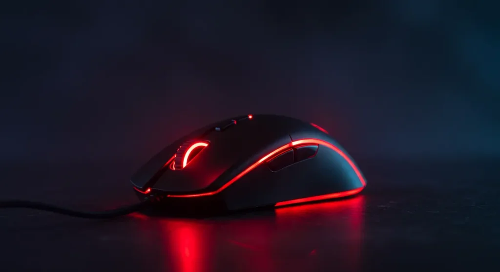 Fx Low angle dramatic shot of a Redragon Cobra Pro gaming mouse with red RGB accent lighting dark moody background gaming atmosphere 2