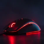 Fx Low angle dramatic shot of a Redragon Cobra Pro gaming mouse with red RGB accent lighting dark moody background gaming atmosphere 2