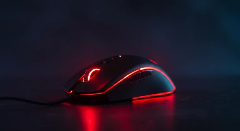 Fx Low angle dramatic shot of a Redragon Cobra Pro gaming mouse with red RGB accent lighting dark moody background gaming atmosphere 2