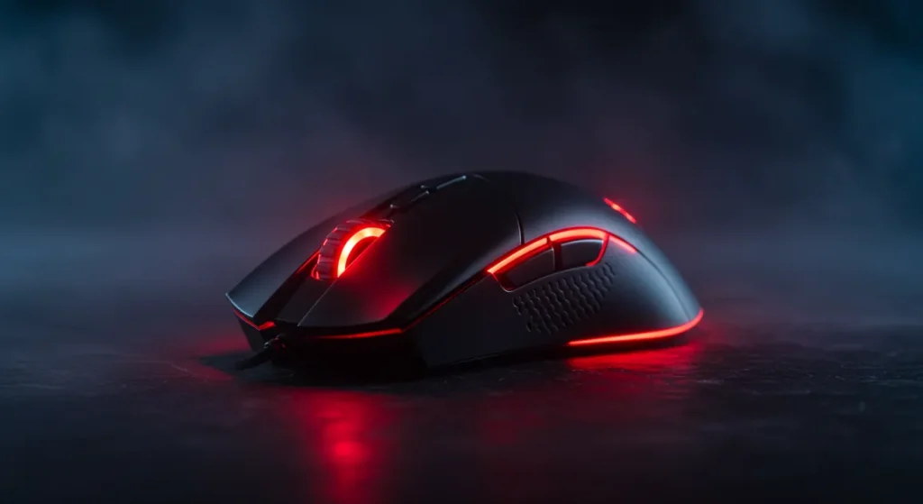 Fx Low angle dramatic shot of a Redragon Cobra Pro gaming mouse with red RGB accent lighting dark moody background gaming atmosphere 3