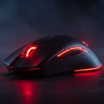 Fx Low angle dramatic shot of a Redragon Cobra Pro gaming mouse with red RGB accent lighting dark moody background gaming atmosphere 3