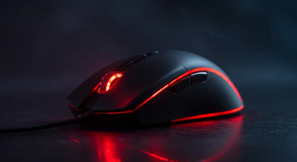 Fx Low angle dramatic shot of a Redragon Cobra Pro gaming mouse with red RGB accent lighting dark moody background gaming atmosphere 4