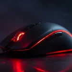 Fx Low angle dramatic shot of a Redragon Cobra Pro gaming mouse with red RGB accent lighting dark moody background gaming atmosphere 4