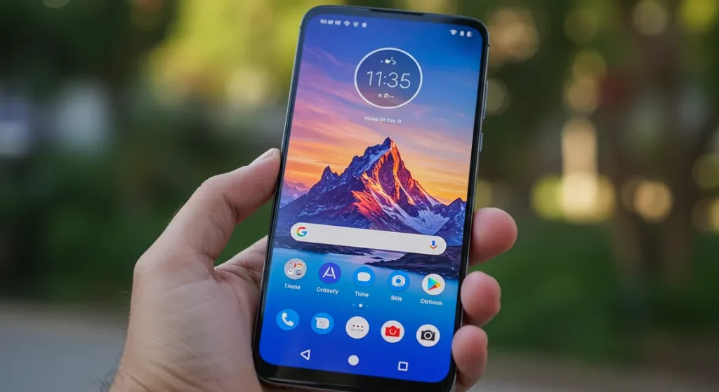 Fx Motorola Edge 60 Fusion 5G smartphone held in hand focus on realistic screen details natural skin tones high resolution 2