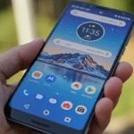 Fx Motorola Edge 60 Fusion 5G smartphone held in hand focus on realistic screen details natural skin tones high resolution 3