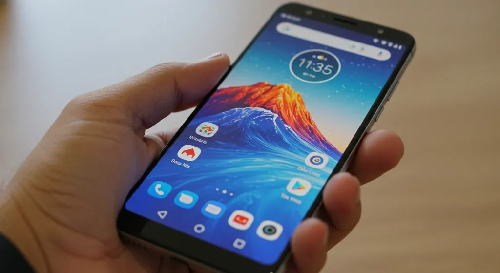 Fx Motorola Edge 60 Fusion 5G smartphone held in hand focus on realistic screen details natural skin tones high resolution 4