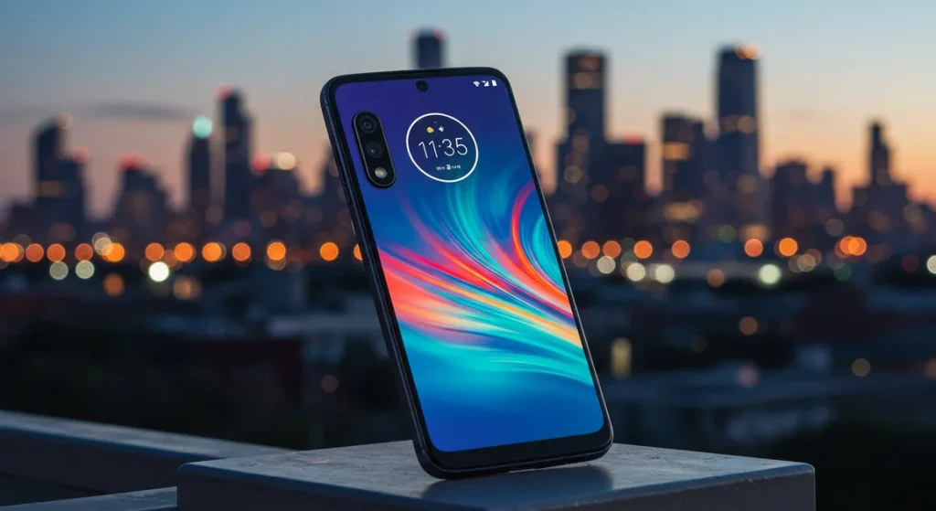 Fx Motorola Edge 60 Fusion 5G smartphone in front of blurred cityscape background professional lifestyle product photo 1