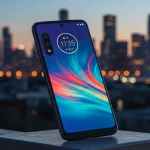 Fx Motorola Edge 60 Fusion 5G smartphone in front of blurred cityscape background professional lifestyle product photo 1