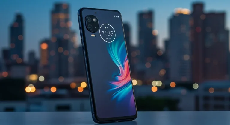 Fx Motorola Edge 60 Fusion 5G smartphone in front of blurred cityscape background professional lifestyle product photo 2