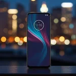 Fx Motorola Edge 60 Fusion 5G smartphone in front of blurred cityscape background professional lifestyle product photo 4