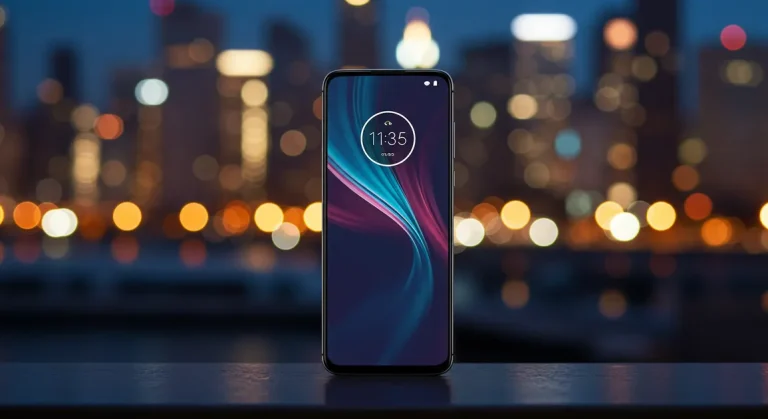 Fx Motorola Edge 60 Fusion 5G smartphone in front of blurred cityscape background professional lifestyle product photo 4