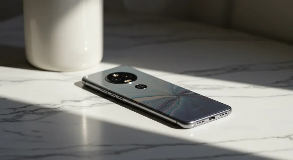 Fx Motorola Edge 60 Fusion 5G smartphone on a marble surface natural light reflections elegant product photography 2