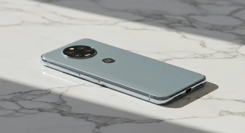 Fx Motorola Edge 60 Fusion 5G smartphone on a marble surface natural light reflections elegant product photography 3