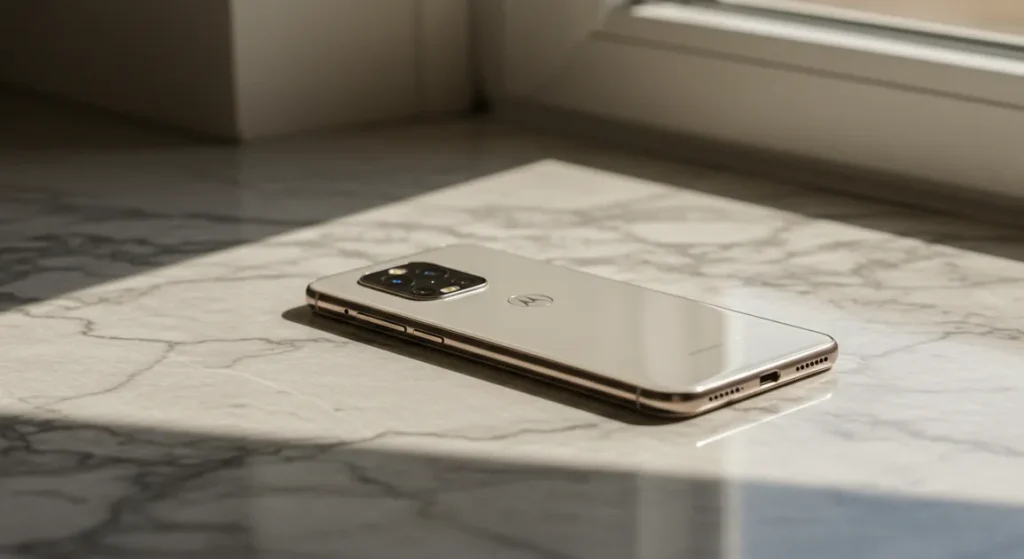 Fx Motorola Edge 60 Fusion 5G smartphone on a marble surface natural light reflections elegant product photography 4