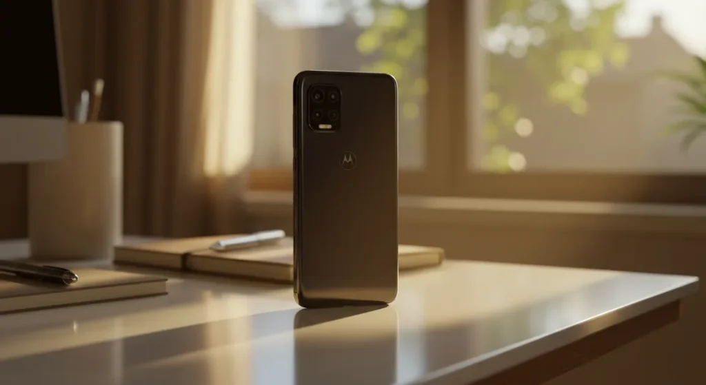 Fx Motorola Edge 60 Fusion 5G smartphone photographed in natural sunlight near window lifestyle professional look 2