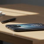 Fx Motorola Edge 60 Fusion 5G smartphone photographed on a modern wooden desk with soft daylight premium lifestyle look 1