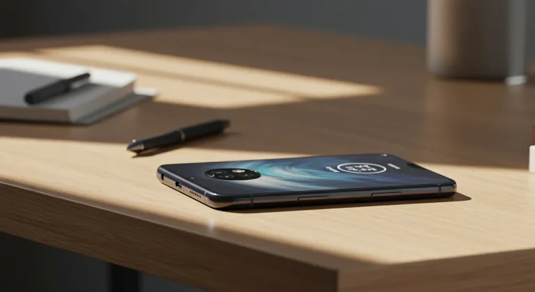 Fx Motorola Edge 60 Fusion 5G smartphone photographed on a modern wooden desk with soft daylight premium lifestyle look 1